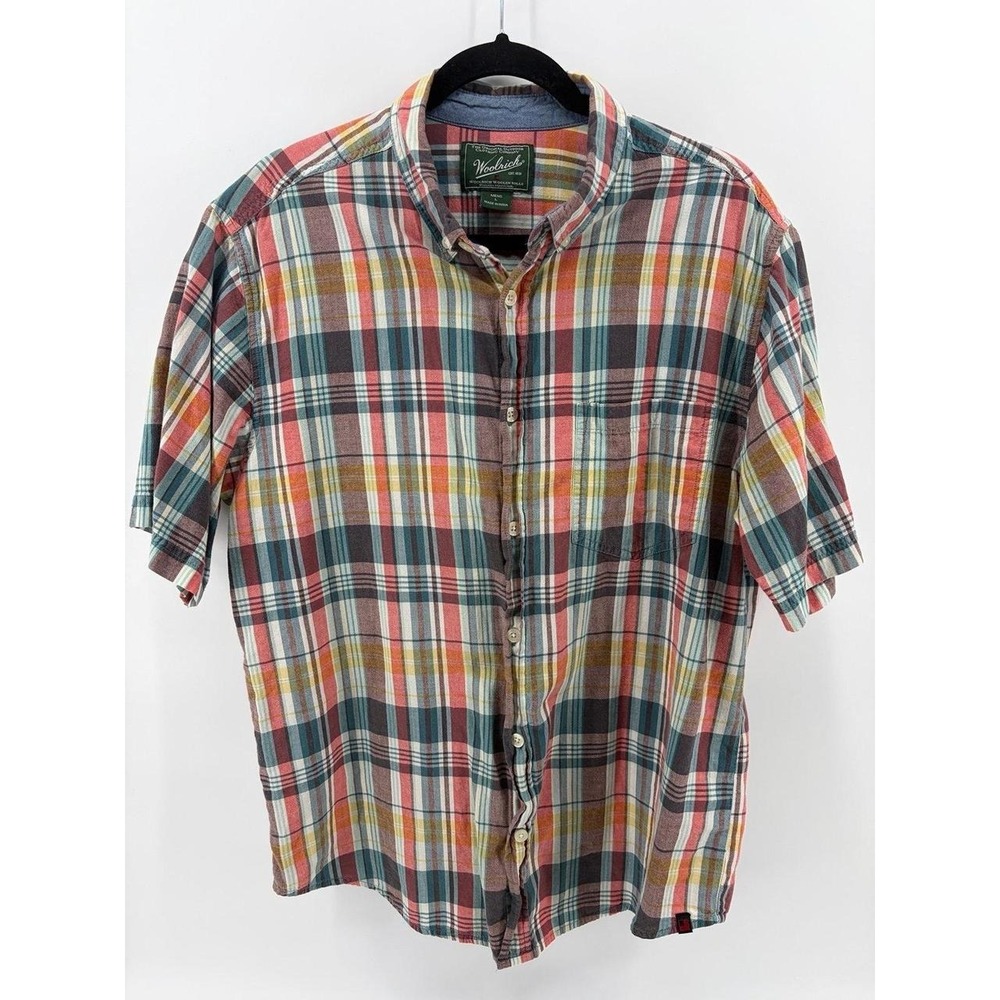 Woolrich Short Sleeve Button Down Shirt, Colorful Plaid Vintage, Men's Large